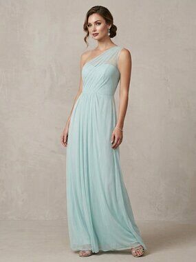 David's Bridal One Shoulder Mesh Maxi Dress Mint Color NEW